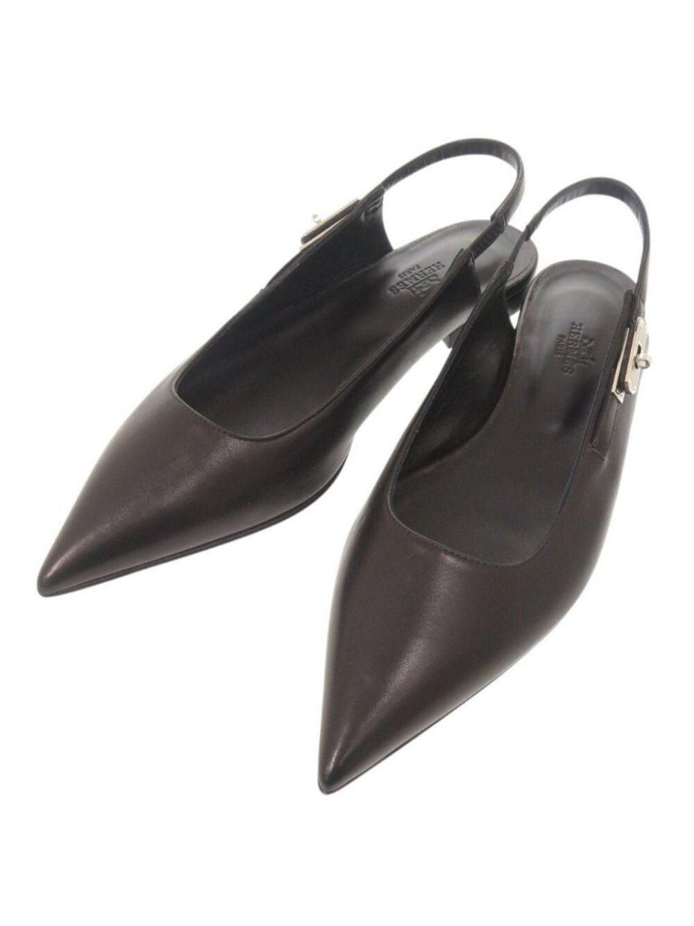 Hermes Lovely Kelly Buckle Nappa Leather Black Flat Shoes Pumps 37